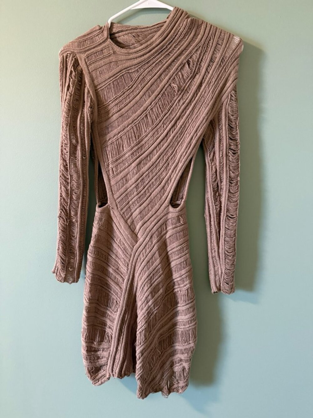 PepperMayo Angels Wing Mini Dress Taupe Textured Knit Cutout S/M NWT